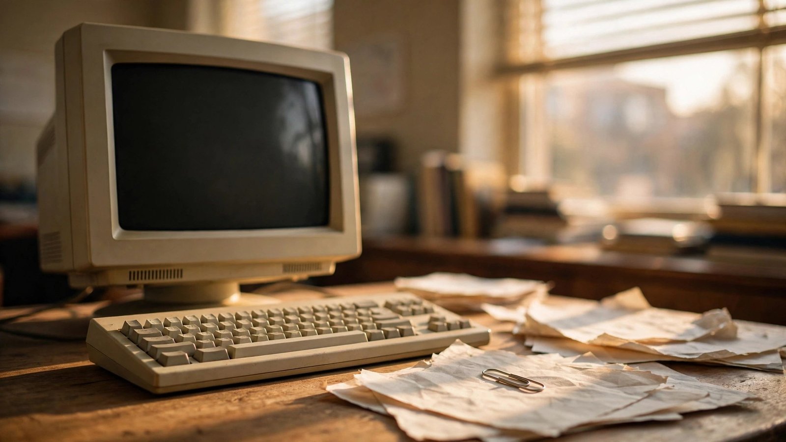 Nostalgic 1990s office desk with an old CRT monitor and a paperclip, recalling the original Clippy assistant